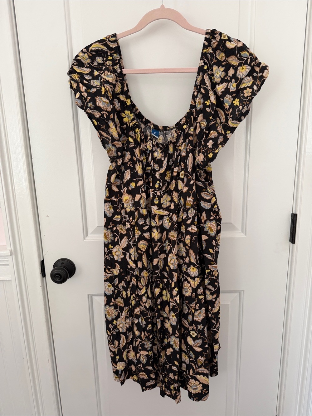 Old Navy Black Floral Midi Dress with Yellow and Cream Accents